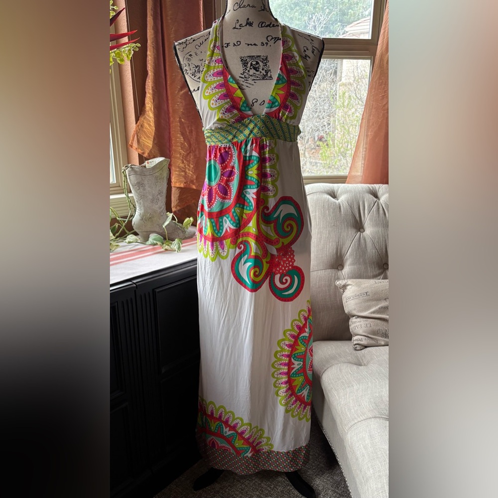 Trina Turk White Maxi Dress with Neon Pink, Green and Teal Paisley Print